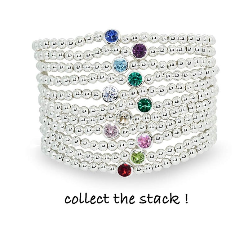 B. BRILLIANT Sterling Silver Polished Beads Stretchable Stackable Bracelet with Clear Crystal - Image 4
